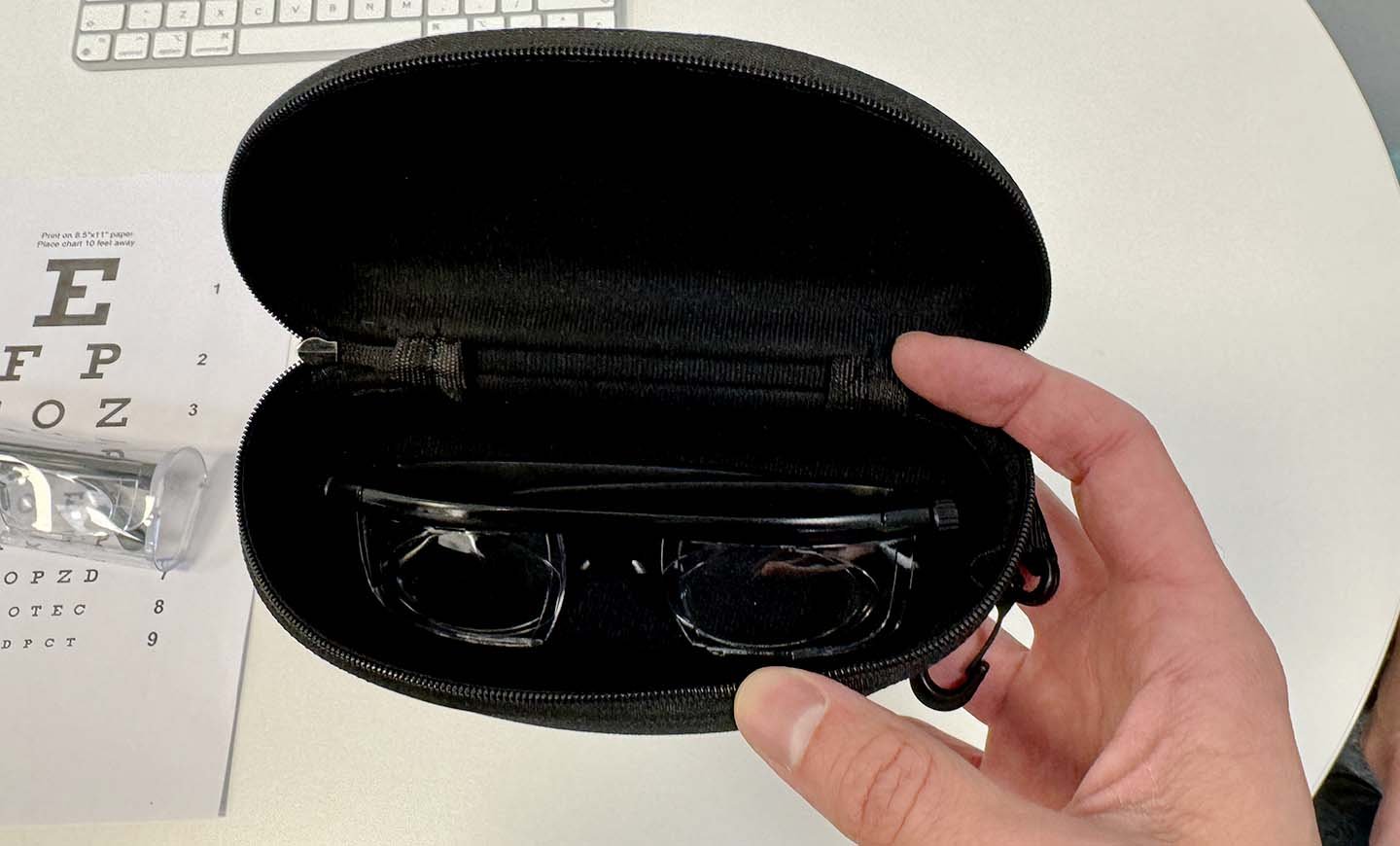 Vi-Shift style adjustable glasses, front view.